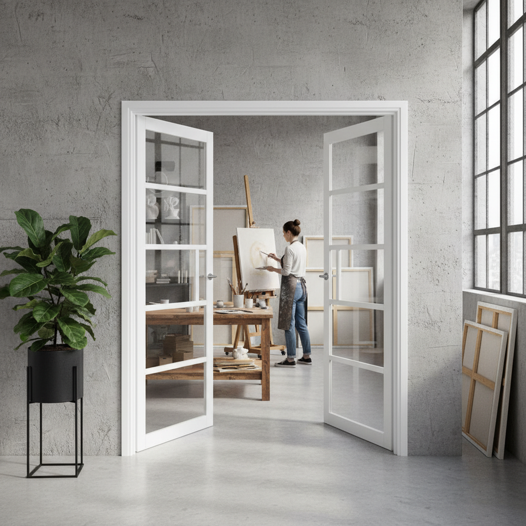 Premium Fully Finished 5-Lite Glazed Industrial Style Door Pair with Solid Framing and Clear Safety Glass