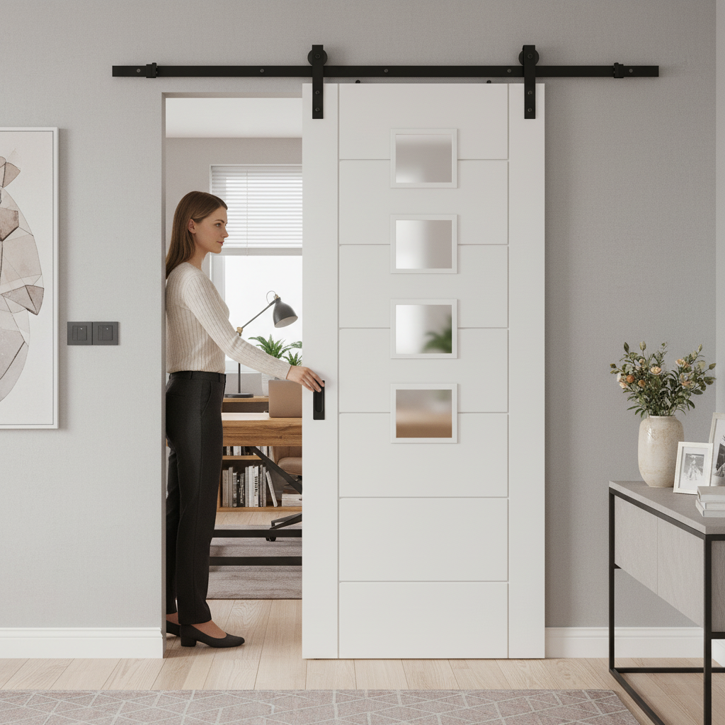 White Internal Primed Sliding Door with 7 Panels and 4 Li...