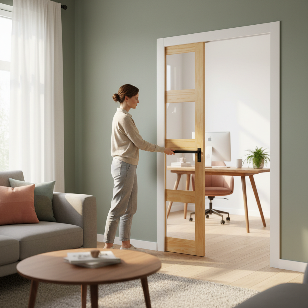 Premium Clear Glass Framed Pocket Door Set with Unfinished Pine Frame - Modern Shaker Style for Efficient Space Utilization