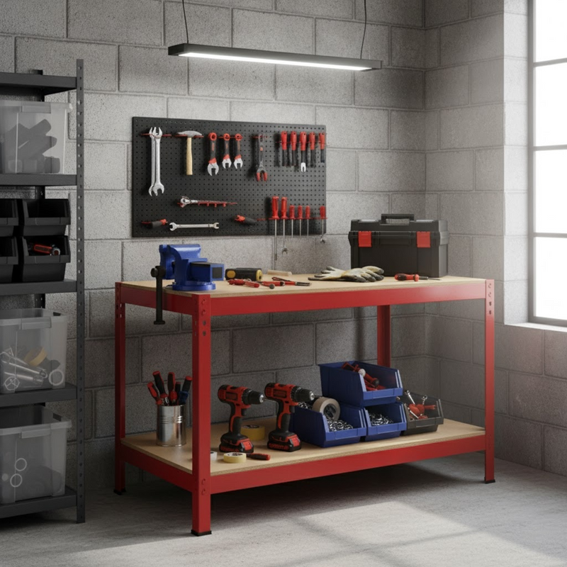 1.2 m Heavy-Duty Steel Workbench – 200 kg/Shelf | Quick Boltless Assembly | Garage & Workshop Table (Red)