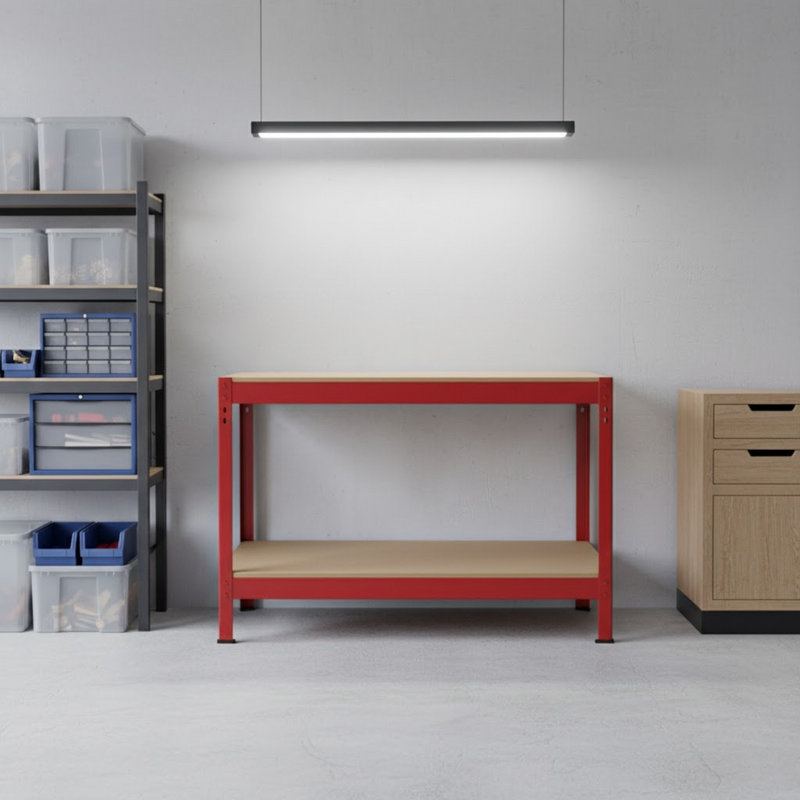 1.2 m Heavy-Duty Steel Workbench – 200 kg/Shelf | Quick Boltless Assembly | Garage & Workshop Table (Red)