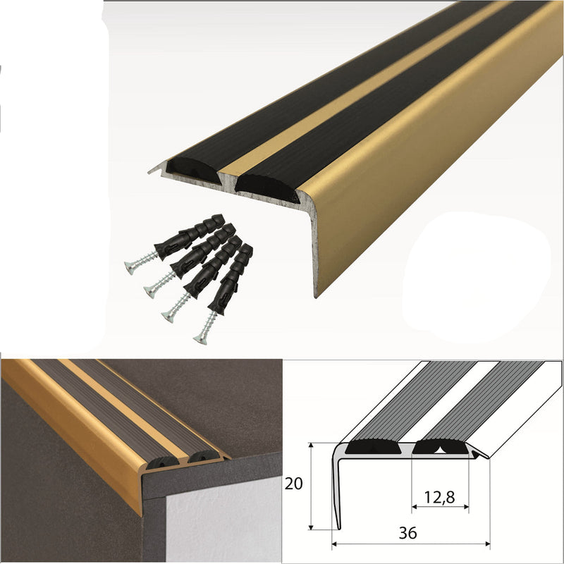 Premium Gold Anodised Aluminium Stair Nosing Non-Slip Heavy-Duty Easy Installation 15 Pack for Home & Commercial Use