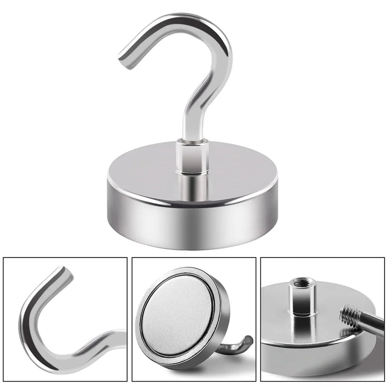 High-Durable Silver Zinc Neodymium Pot Magnet With Hook - 42mm Diameter