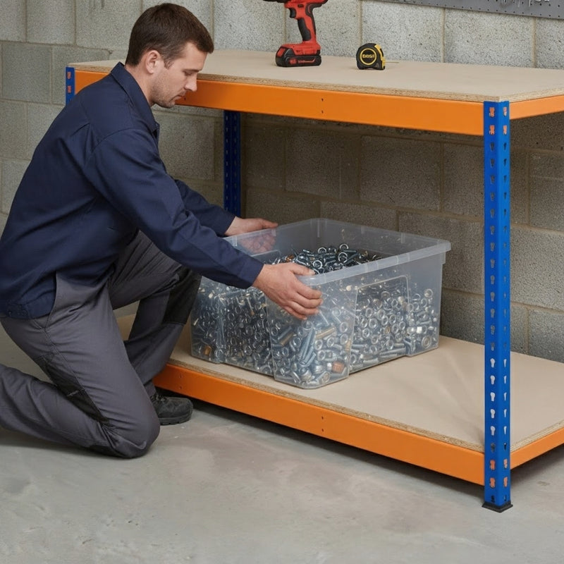 Heavy Duty 2-Tier Steel Workbench 180 cm – 600 kg Load Capacity | Adjustable Shelves, Boltless Assembly, Powder-Coated Frame for Garage & Workshop