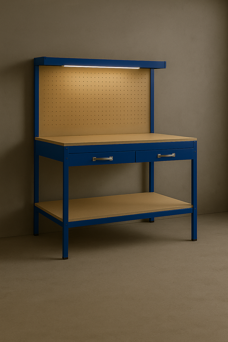 Premium Heavy-Duty Workbench with Pegboard, Drawer & LED Light – 120cm Steel Garage Station (Blue) | 200kg Capacity