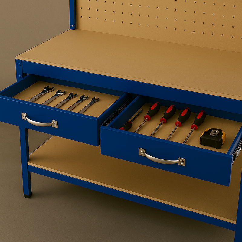 Premium Heavy-Duty Workbench with Pegboard, Drawer & LED Light – 120cm Steel Garage Station (Blue) | 200kg Capacity