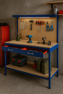 Premium Heavy-Duty Workbench with Pegboard, Drawer & LED Light – 120cm Steel Garage Station (Blue) | 200kg Capacity
