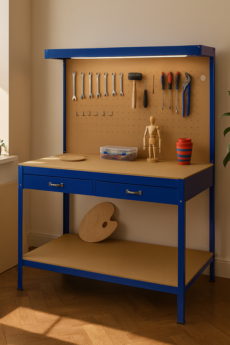 Premium Heavy-Duty Workbench with Pegboard, Drawer & LED Light – 120cm Steel Garage Station (Blue) | 200kg Capacity