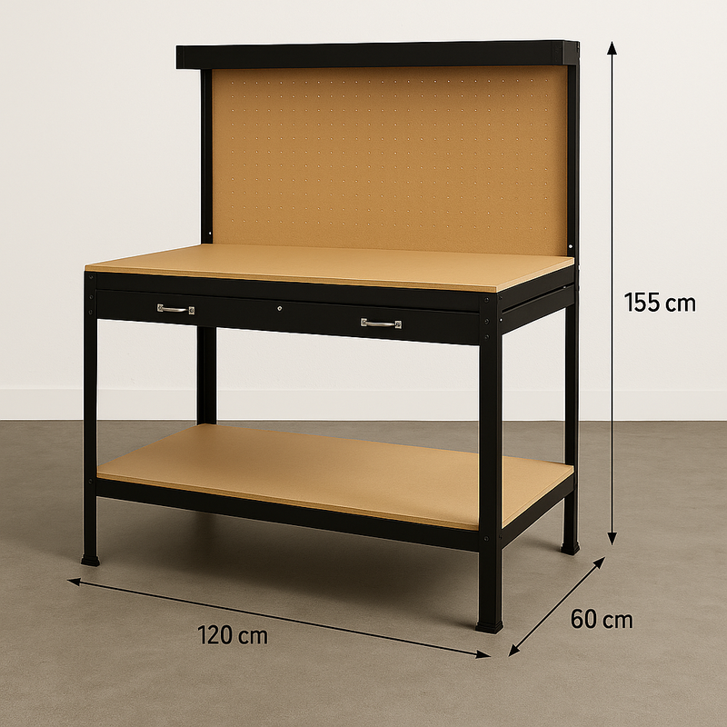Heavy-Duty Steel Workbench with Pegboard & Drawer | 200kg Load Capacity | Professional Garage & Workshop Station