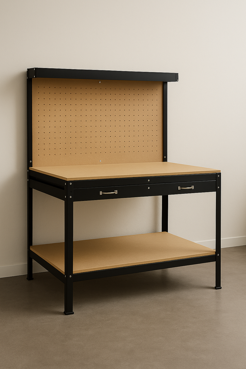 Heavy-Duty Steel Workbench with Pegboard & Drawer | 200kg Load Capacity | Professional Garage & Workshop Station