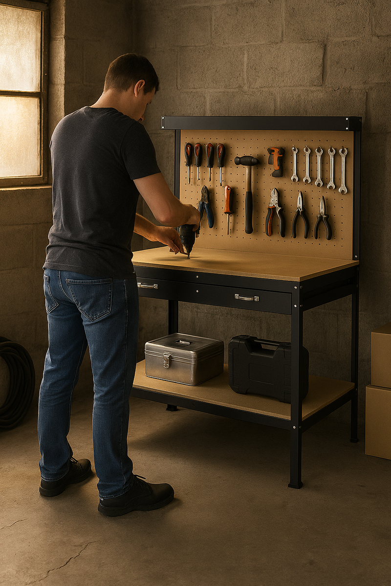 Heavy-Duty Steel Workbench with Pegboard & Drawer | 200kg Load Capacity | Professional Garage & Workshop Station