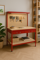 Premium Heavy-Duty Workbench with Pegboard, Drawer & LED Light – Red Steel Garage & DIY Station (200kg Capacity)