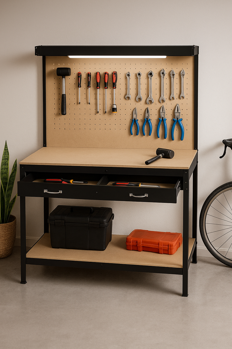 Heavy-Duty Workbench with LED Light, Drawer & Pegboard – Premium Steel Garage & Workshop Station