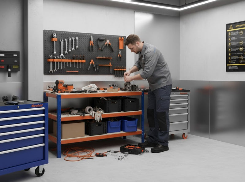 Industrial Heavy-Duty 3-Tier Workbench (180 cm) – Reinforced Steel Frame, 900 kg Load Capacity, Adjustable Shelves, Boltless Assembly