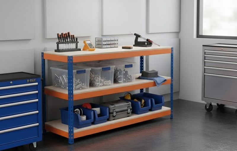 Industrial Heavy-Duty 3-Tier Workbench (180 cm) – Reinforced Steel Frame, 900 kg Load Capacity, Adjustable Shelves, Boltless Assembly