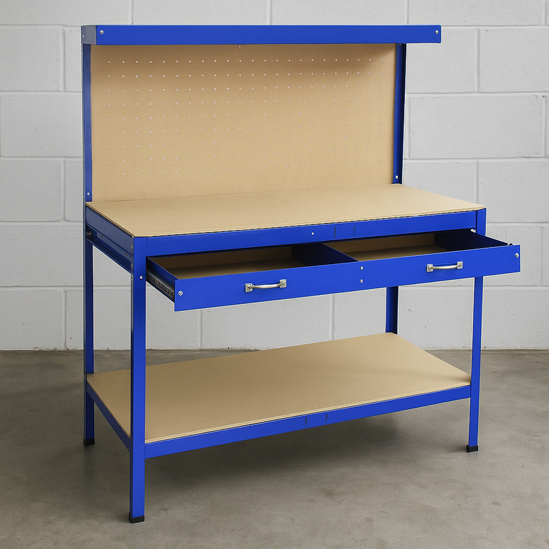 Heavy-Duty Blue Workbench with Pegboard & Drawer – 200kg Capacity Steel Workstation for Garage & DIY
