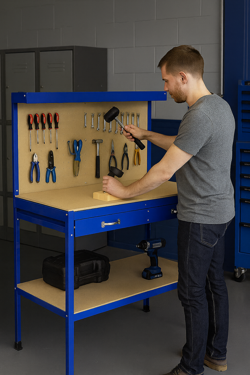 Heavy-Duty Blue Workbench with Pegboard & Drawer – 200kg Capacity Steel Workstation for Garage & DIY
