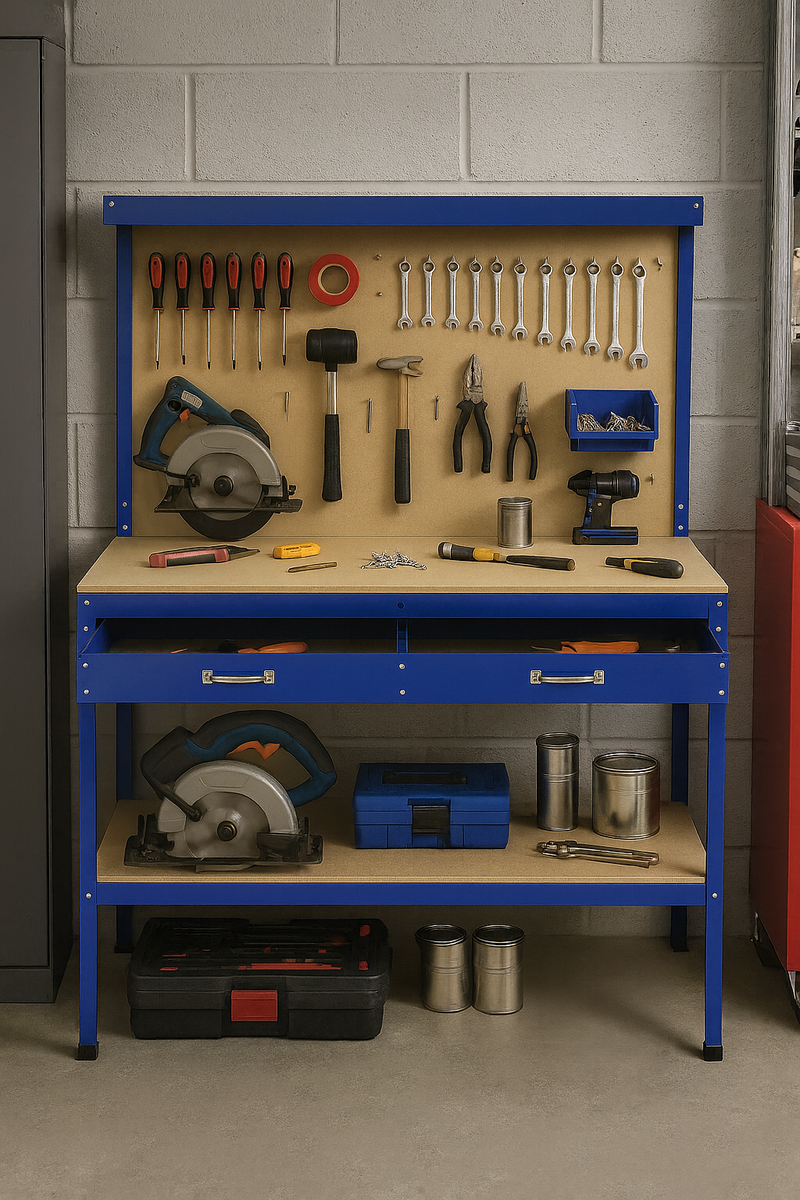 Heavy-Duty Blue Workbench with Pegboard & Drawer – 200kg Capacity Steel Workstation for Garage & DIY