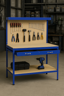Heavy-Duty Blue Workbench with Pegboard & Drawer – 200kg Capacity Steel Workstation for Garage & DIY