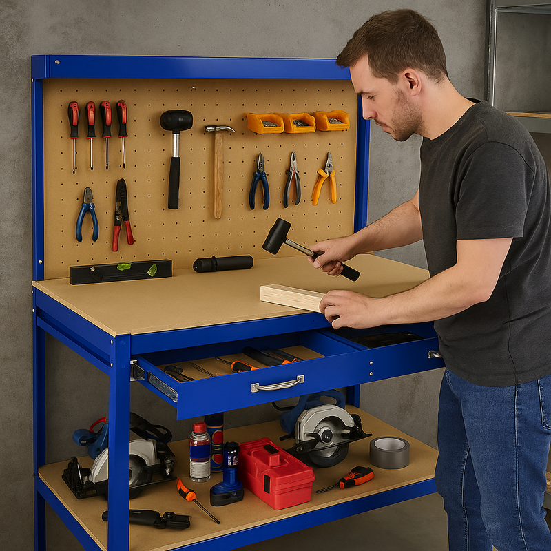 Heavy-Duty Blue Workbench with Pegboard & Drawer – 200kg Capacity Steel Workstation for Garage & DIY
