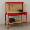 Heavy-Duty Red Workbench with Pegboard & Drawer – 200kg Capacity | Steel Frame + MDF shelves