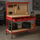 Heavy-Duty Red Workbench with Pegboard & Drawer – 200kg Capacity | Steel Frame + MDF shelves