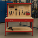 Heavy-Duty Red Workbench with Pegboard & Drawer – 200kg Capacity | Steel Frame + MDF shelves