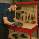 Heavy-Duty Red Workbench with Pegboard & Drawer – 200kg Capacity | Steel Frame + MDF shelves