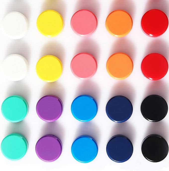 Pack of 12 Multicolored Plastic Flat Marker Magnets - 20mm Diameter