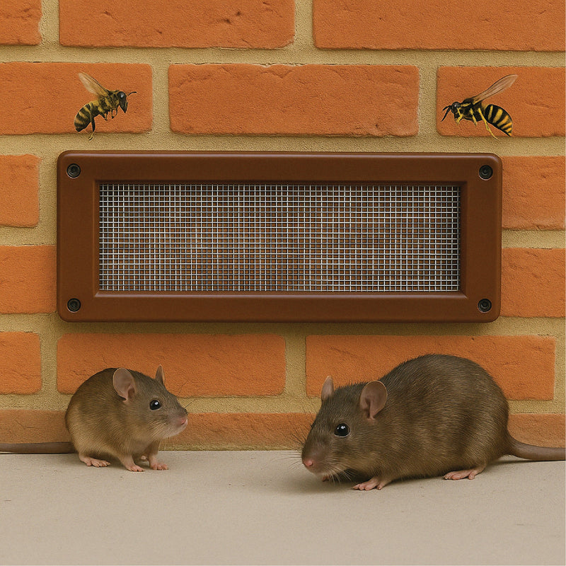 Wasp, Bee and Mouse Galvanized Steel Mesh Grilles - Vent Protection Covers with Brown Plastic Frame